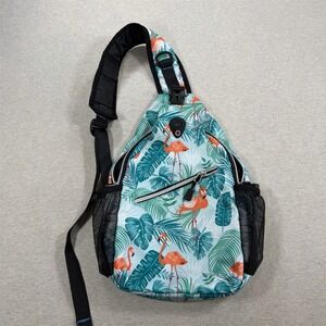 Mosiso Sling Backpack Bag Womens Medium Teal Green Flamingo Tropical